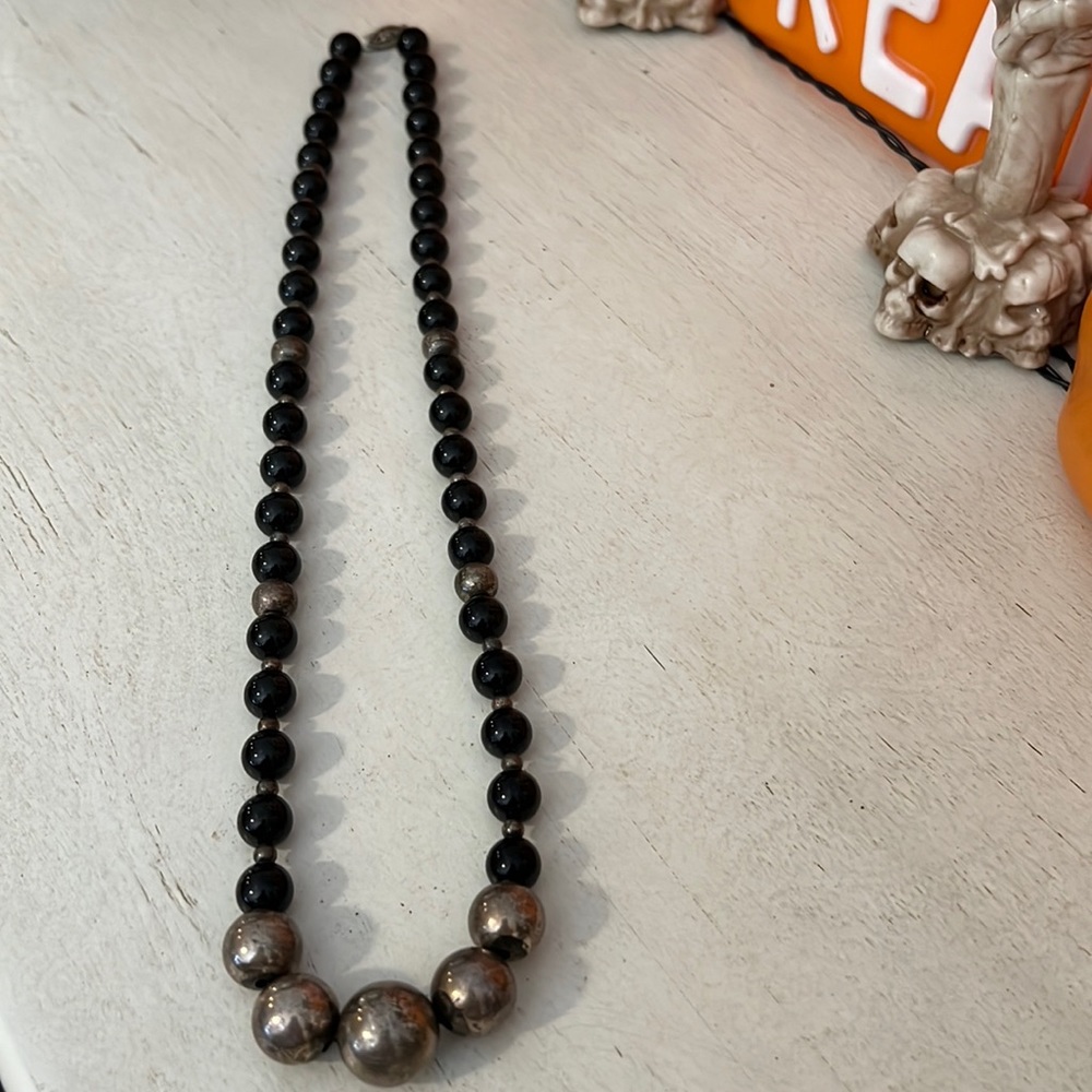 Antique Native American Sterling silver black onyx graduated bead necklace